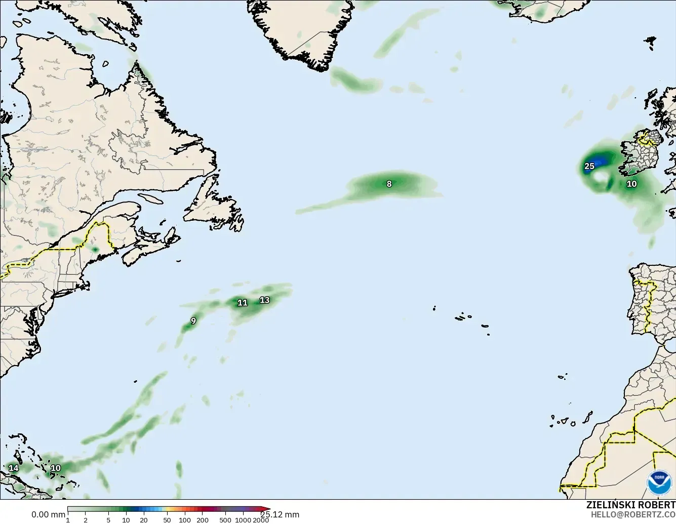 GFS modelo - Norte Atlántico, Acumulación de precipitación