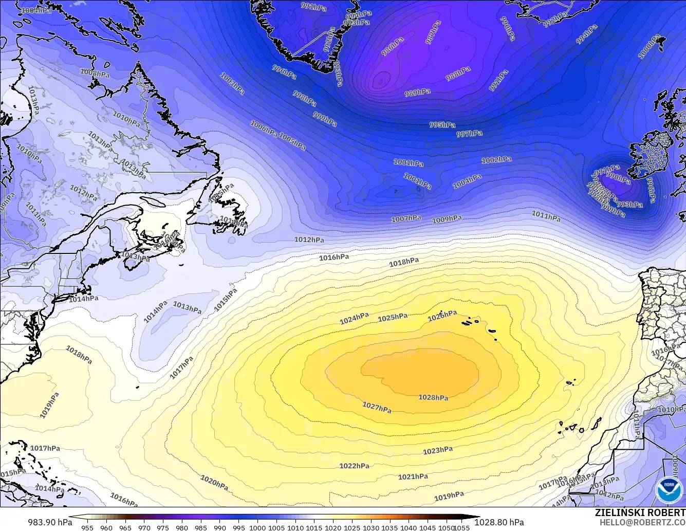 GFS modelo - Norte Atlántico, Presión
