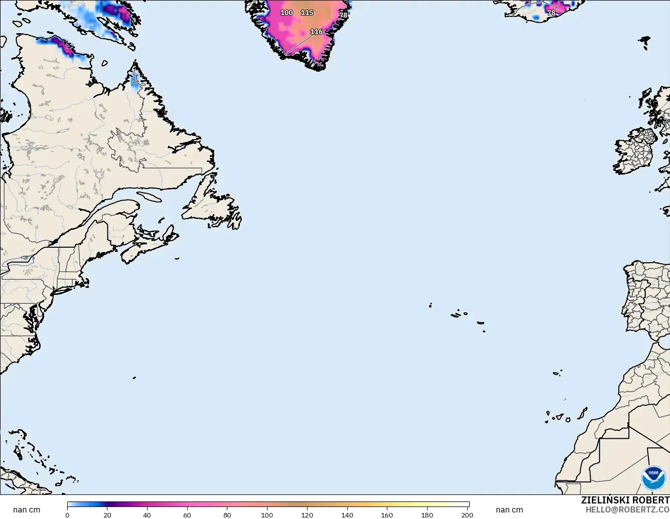 GFS modelo - Norte Atlántico, Profundidad de nieve