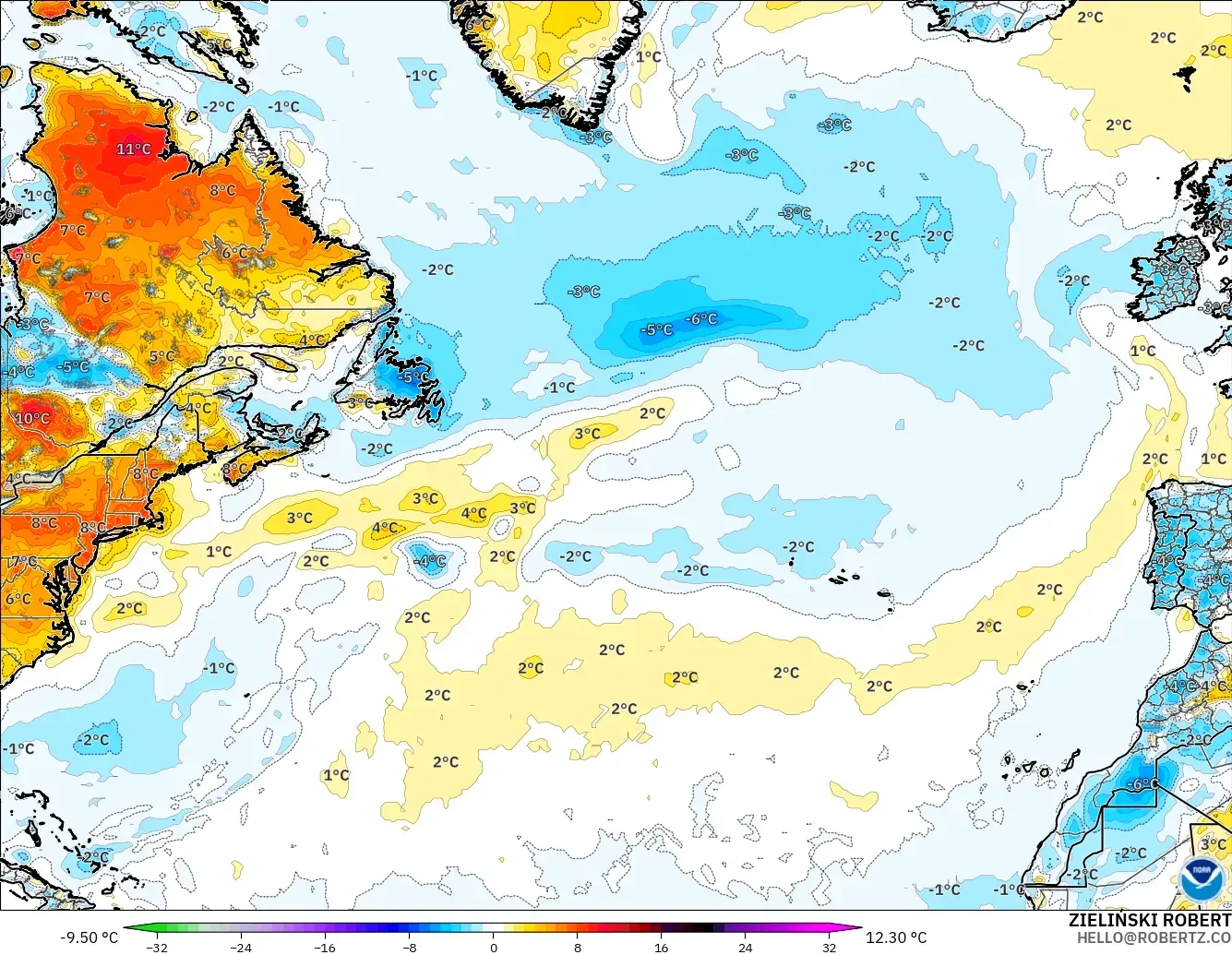 GFS modelo - Norte Atlántico, Anomalía de temperatura a 2 m