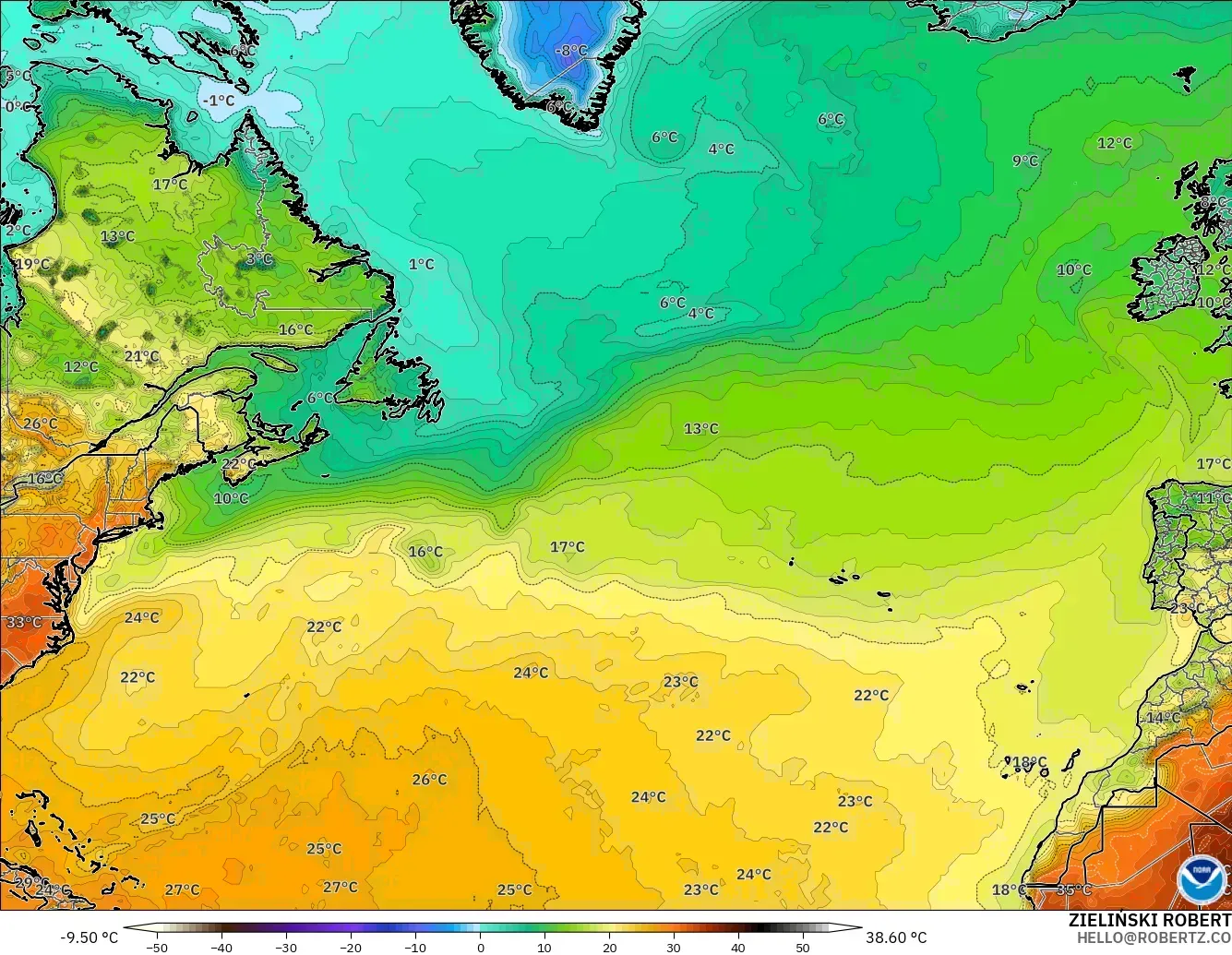 GFS modelo - Norte Atlántico, Temperatura a 2 m