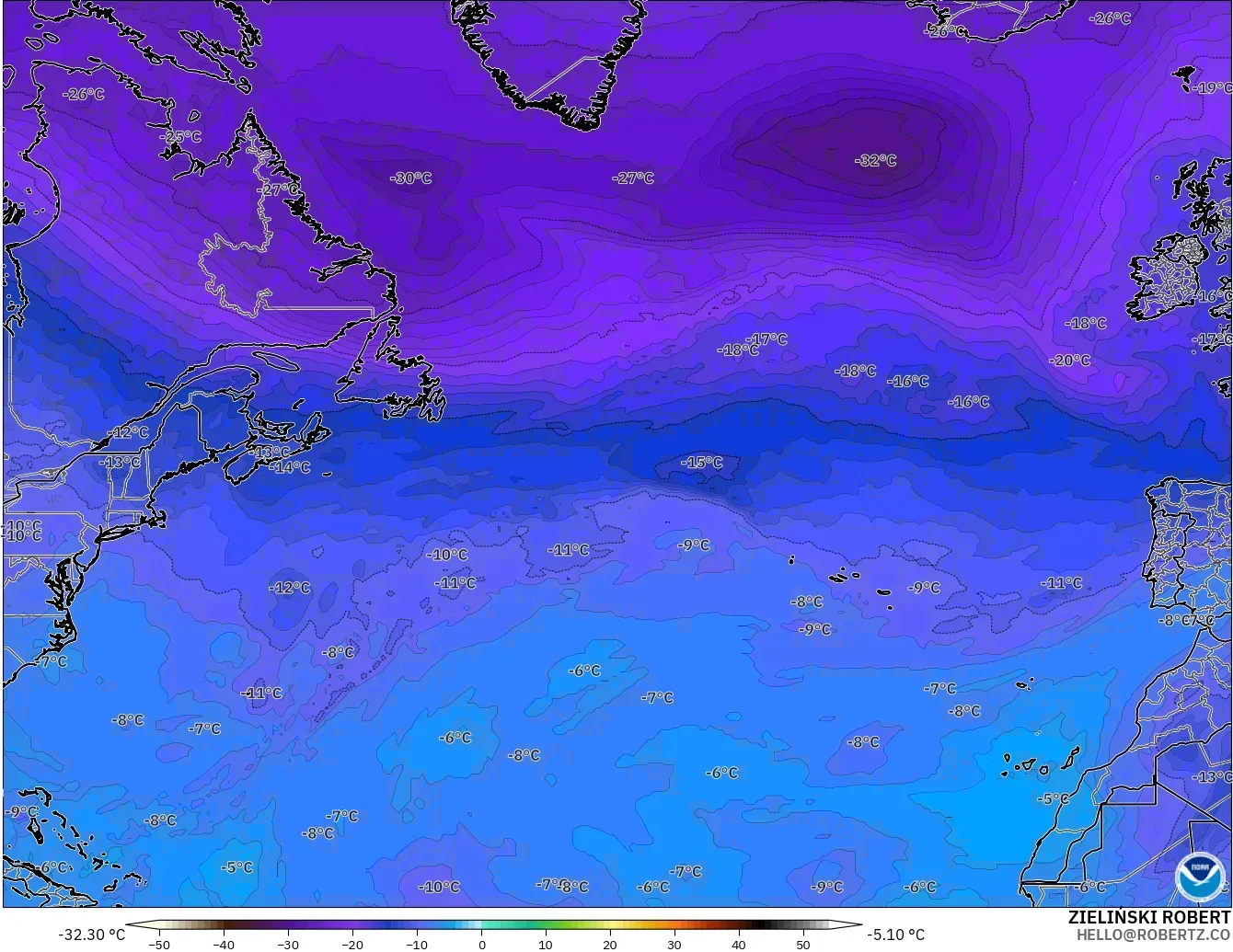 GFS modelo - Norte Atlántico, Temperatura a 500 hPa