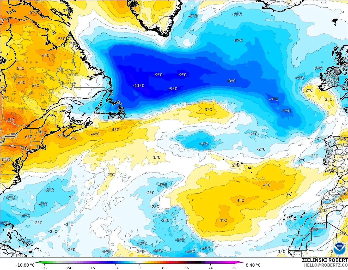 GFS modelo - Norte Atlántico, Anomalía de temperatura a 850 hPa