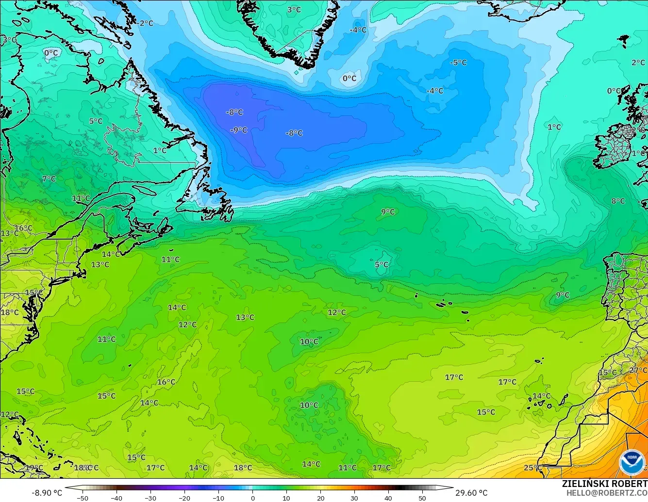 GFS modelo - Norte Atlántico, Temperatura a 850 hPa
