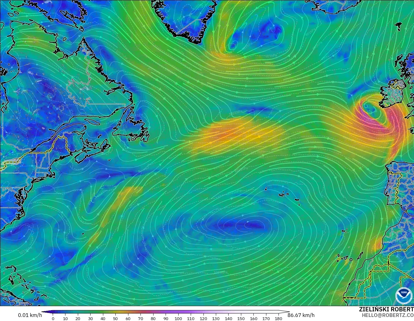 GFS modelo - Norte Atlántico, Viento a 10 m