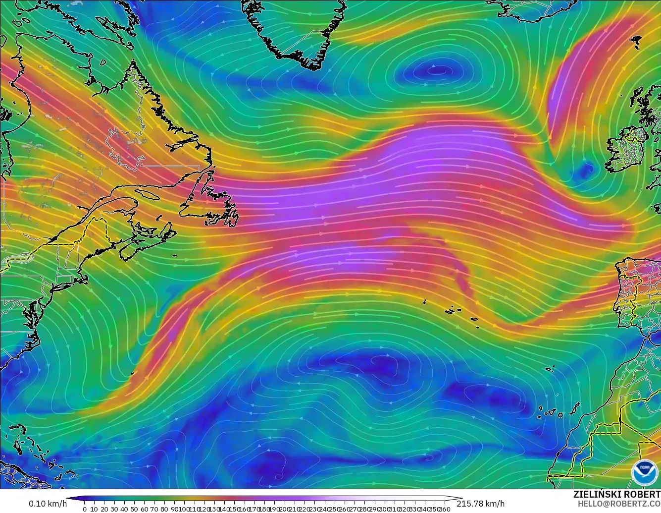 GFS modelo - Norte Atlántico, Viento a 300 hPa (corriente en chorro)