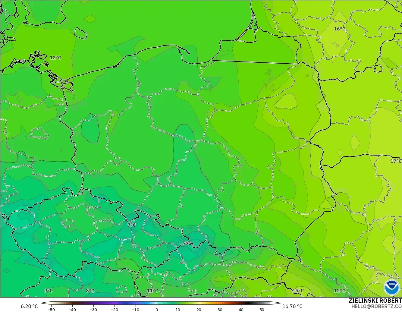 GFS modelo - Polonia, Punto de rocío a 2 m