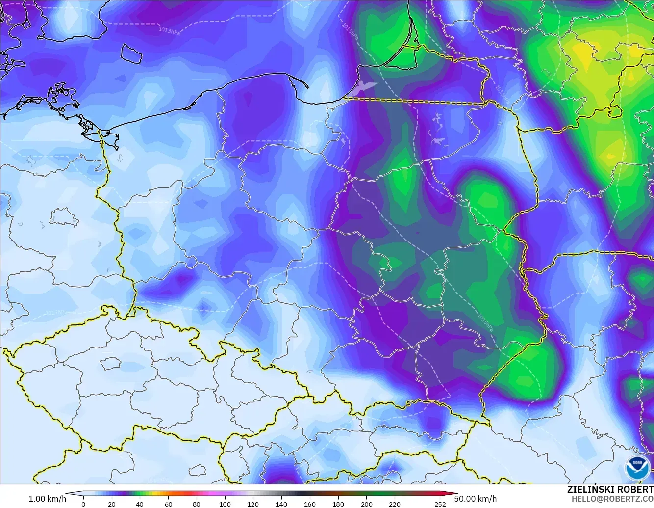 GFS modelo - Polonia, Ráfagas de Viento Máximas