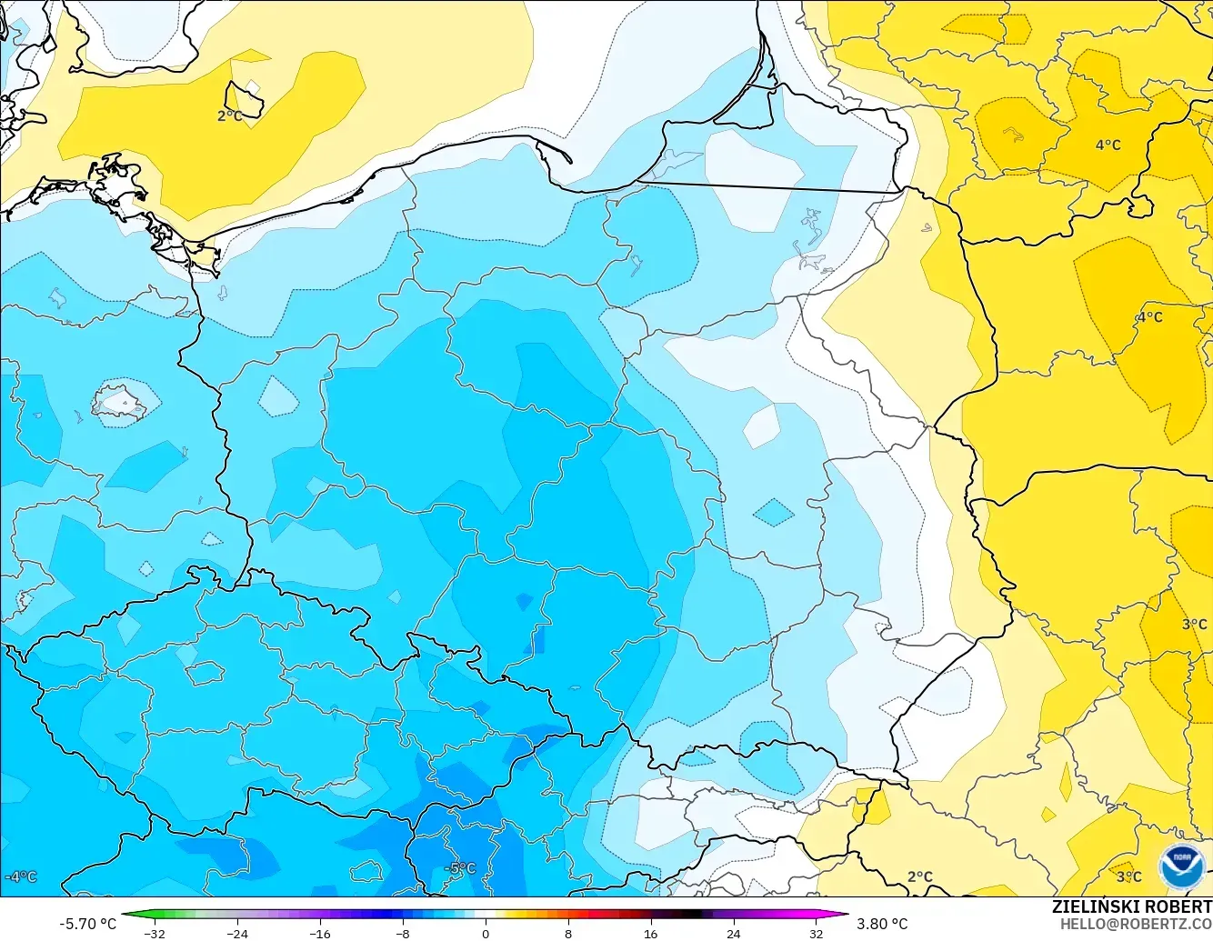 GFS modelo - Polonia, Anomalía de temperatura a 2 m