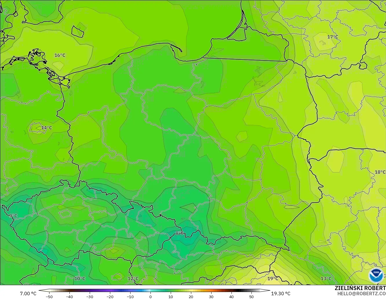 GFS modelo - Polonia, Temperatura a 2 m