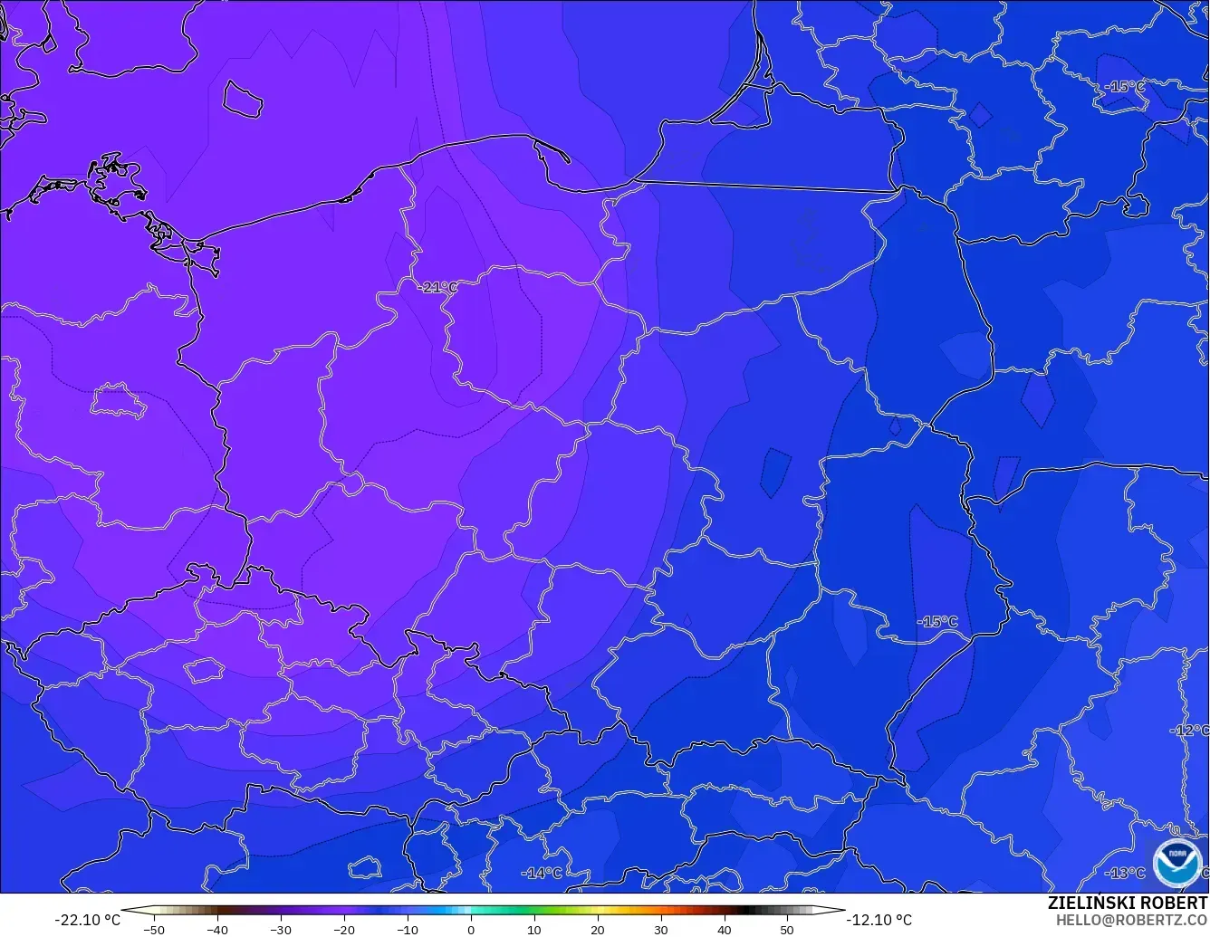 GFS modelo - Polonia, Temperatura a 500 hPa