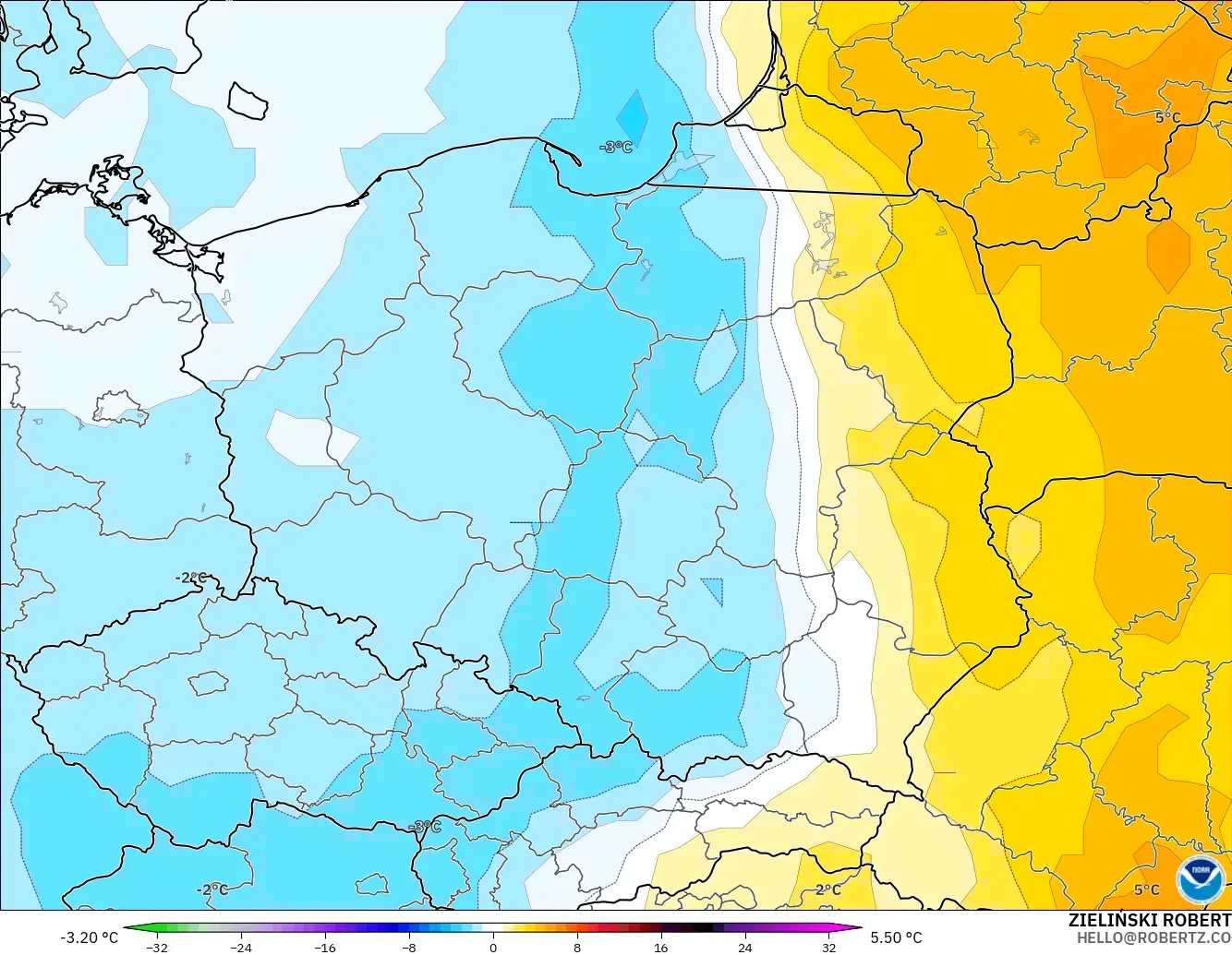 GFS modelo - Polonia, Anomalía de temperatura a 850 hPa