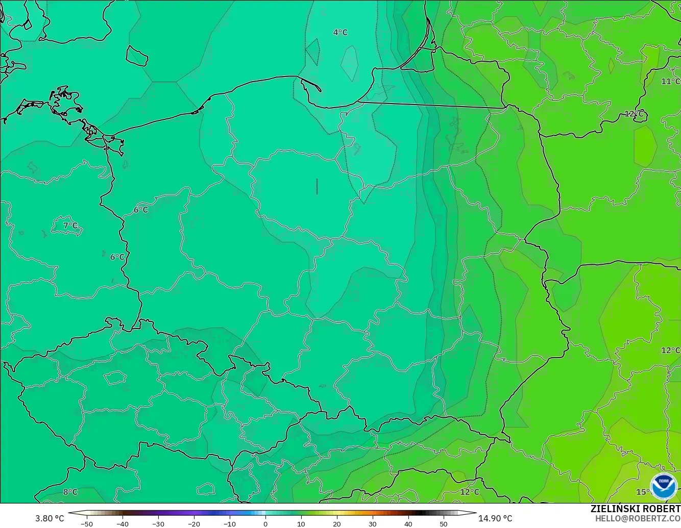 GFS modelo - Polonia, Temperatura a 850 hPa
