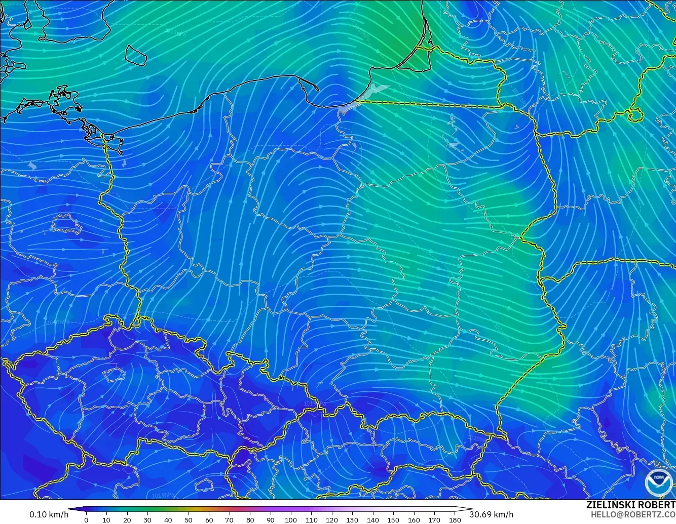 GFS modelo - Polonia, Viento a 10 m