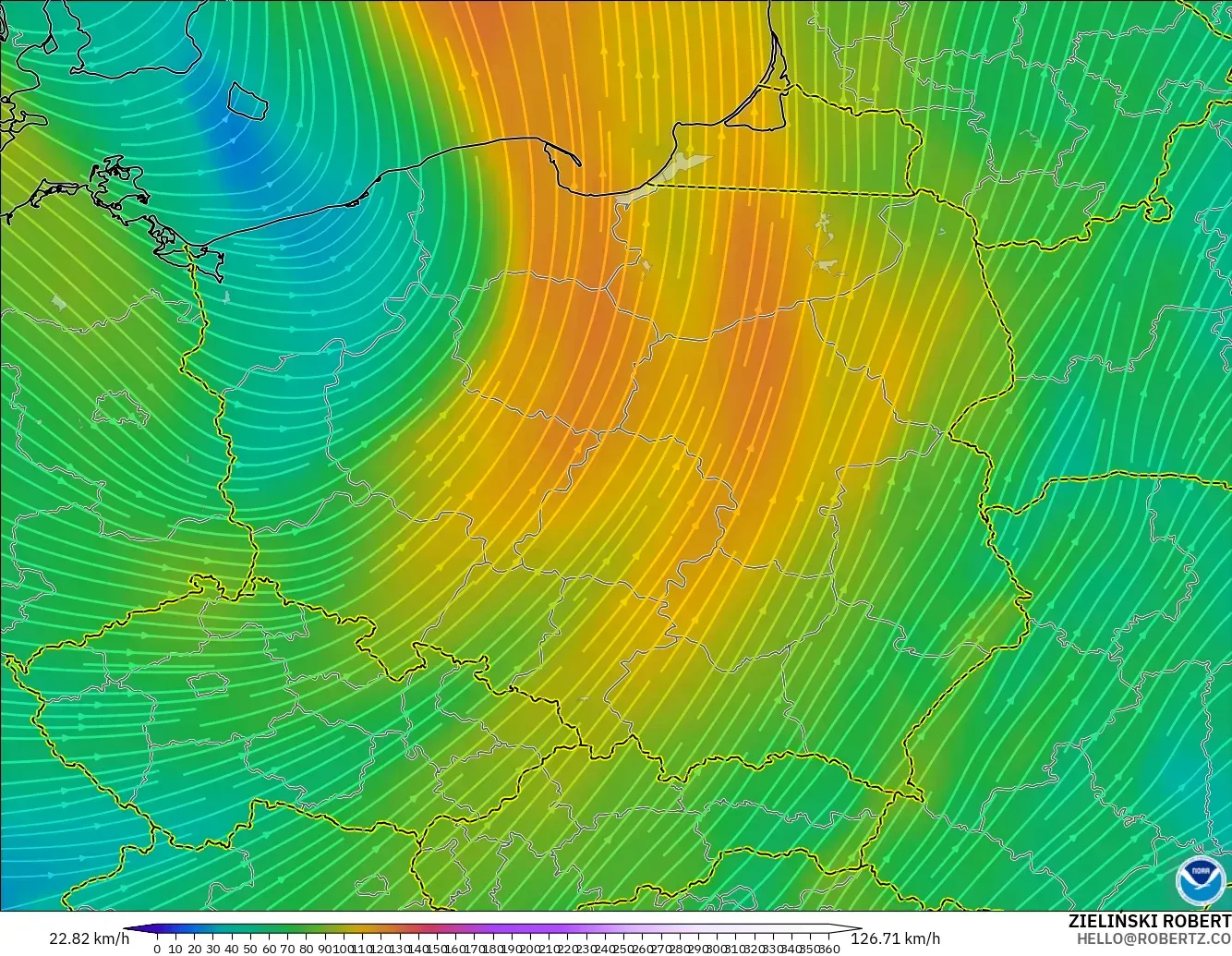GFS modelo - Polonia, Viento a 300 hPa (corriente en chorro)