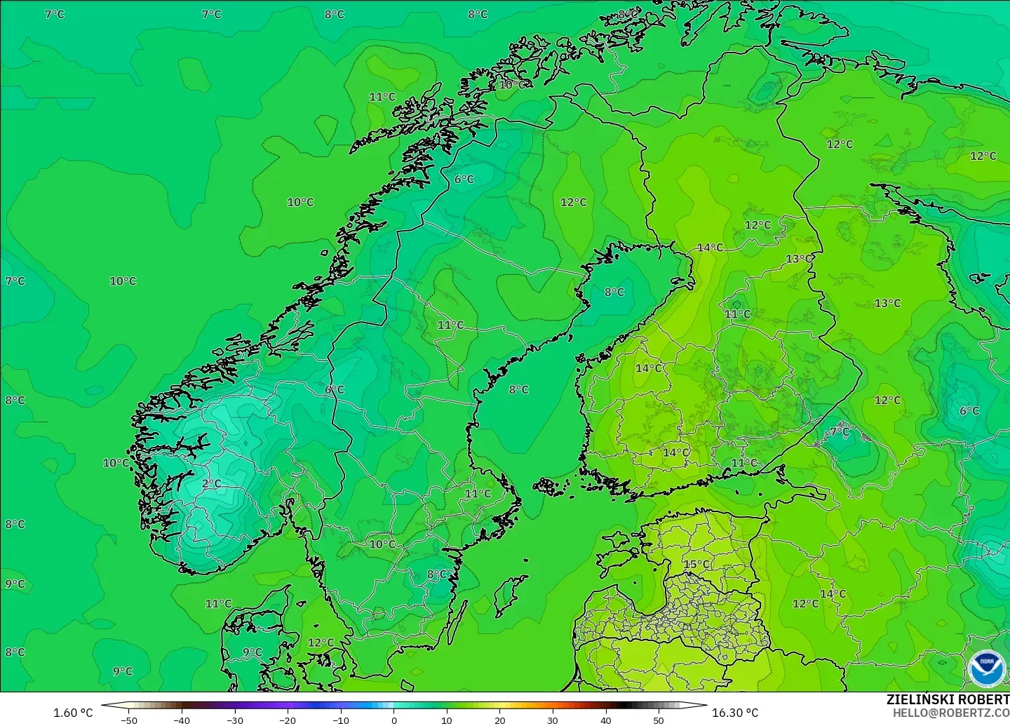GFS modelo - Escandinavia, Punto de rocío a 2 m