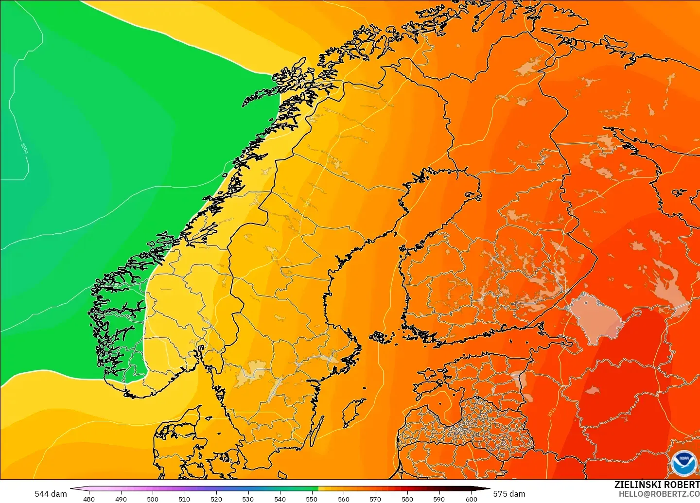 GFS modelo - Escandinavia, Altura geopotencial a 500 hPa