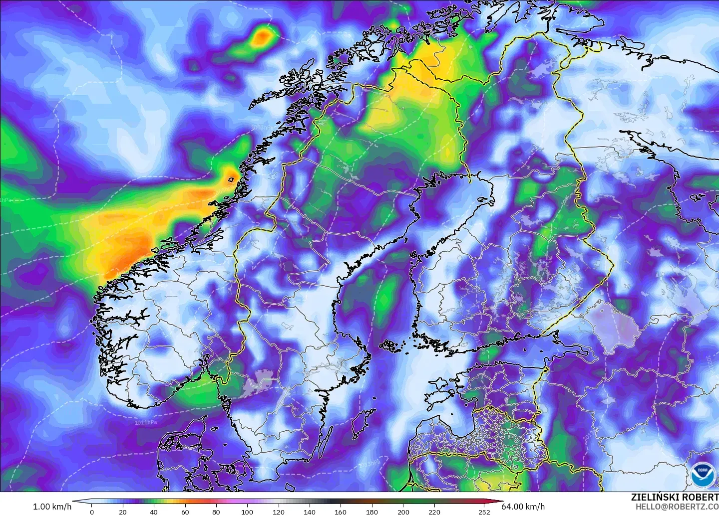 GFS modelo - Escandinavia, Ráfagas de viento
