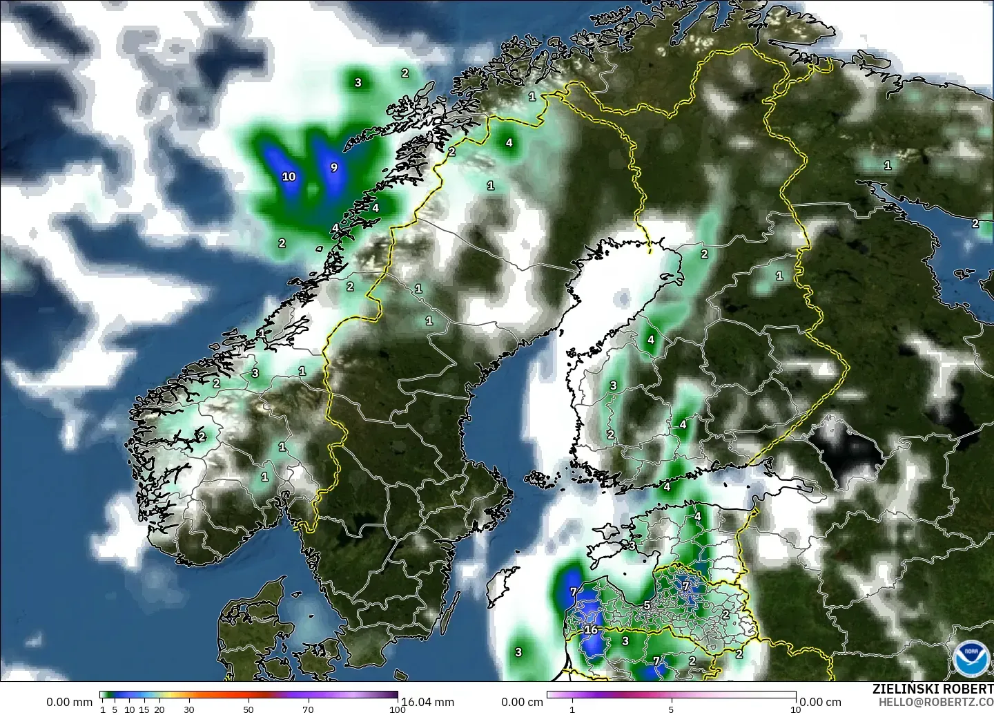 GFS modelo - Escandinavia, Precipitación, nubes y presión