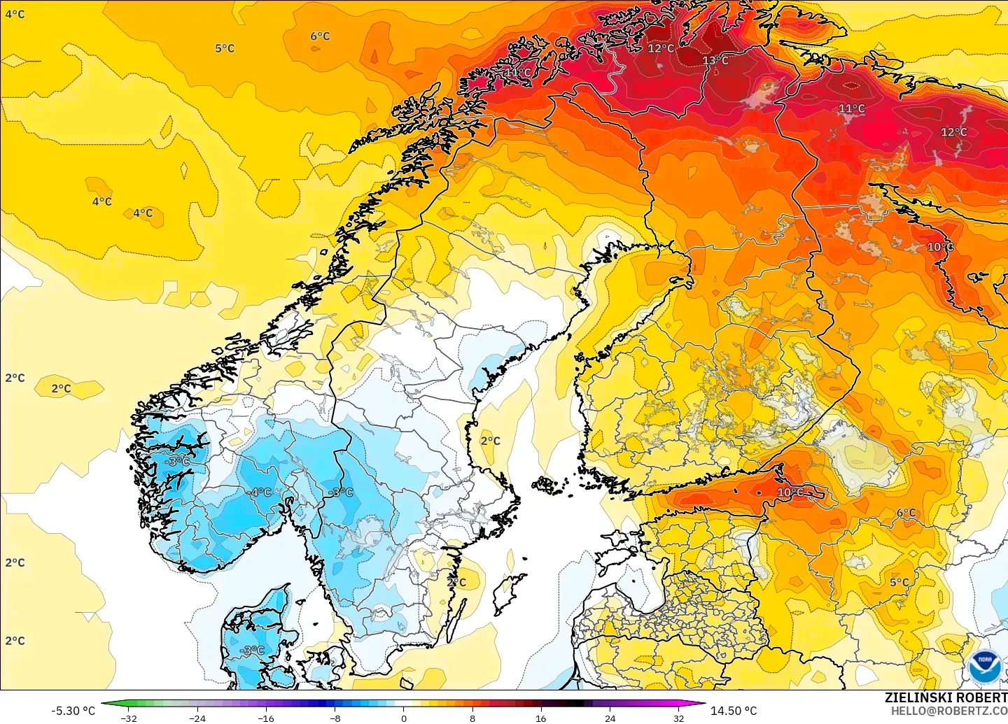 GFS modelo - Escandinavia, Anomalía de temperatura a 2 m