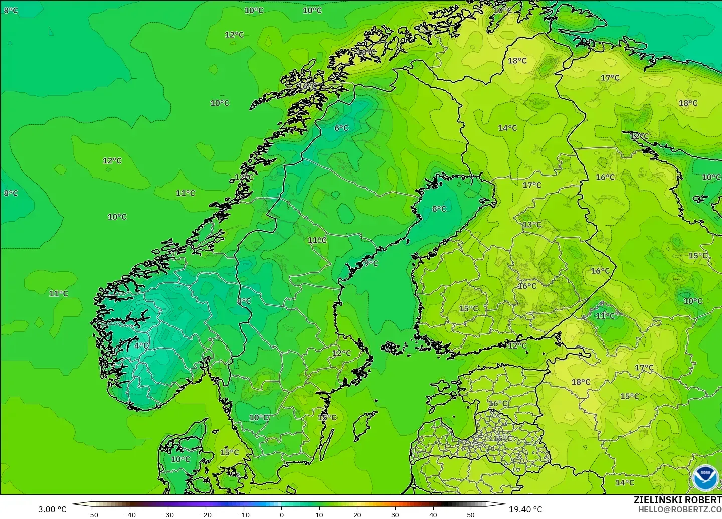 GFS modelo - Escandinavia, Temperatura a 2 m