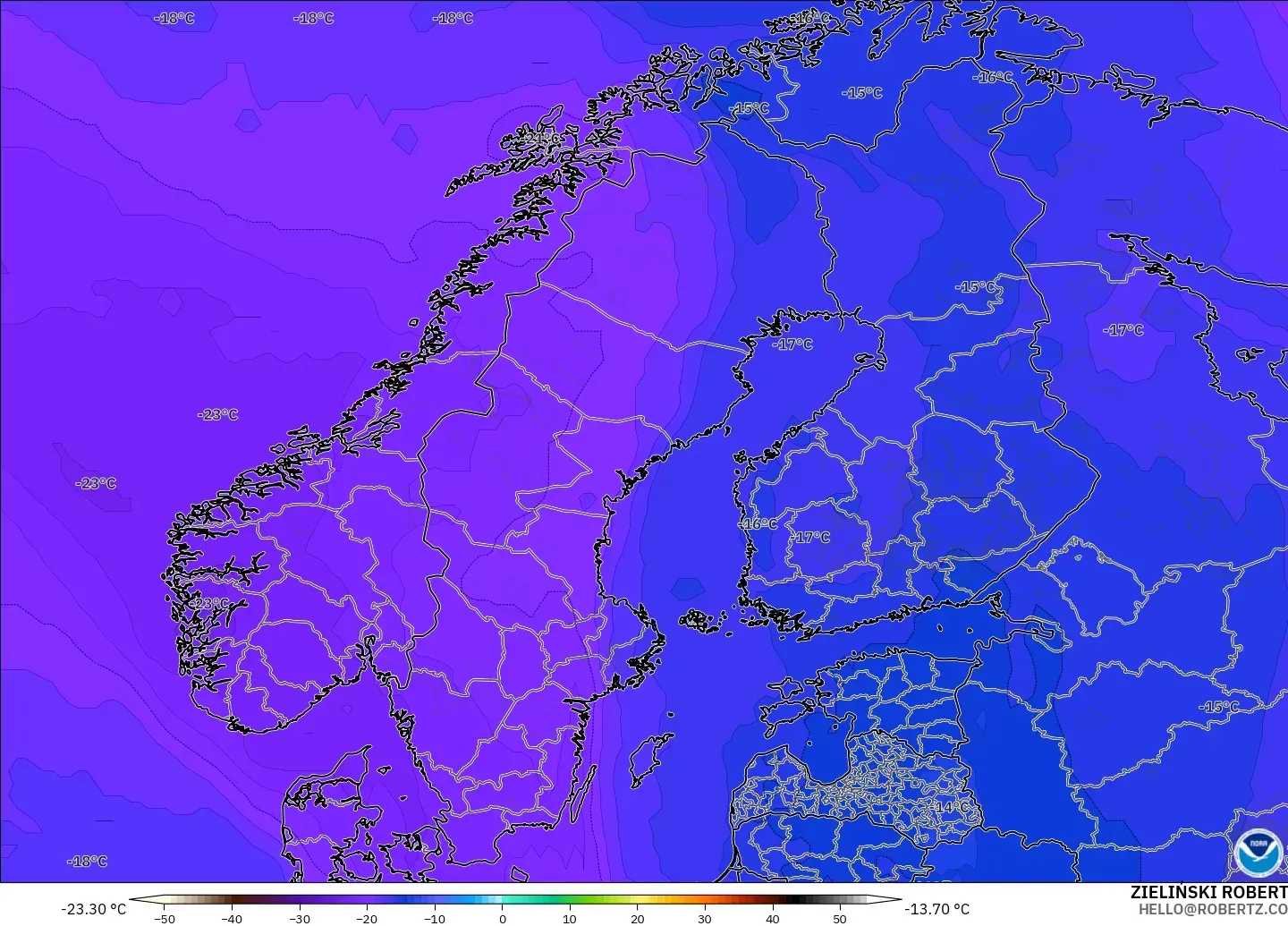 GFS modelo - Escandinavia, Temperatura a 500 hPa