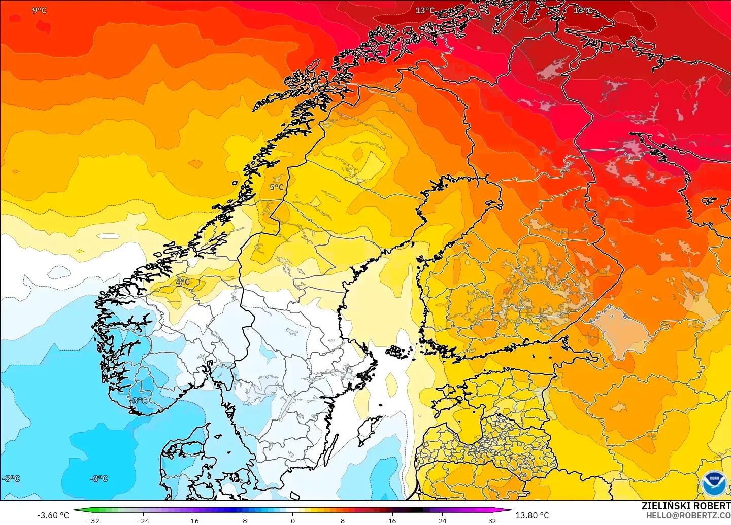 GFS modelo - Escandinavia, Anomalía de temperatura a 850 hPa