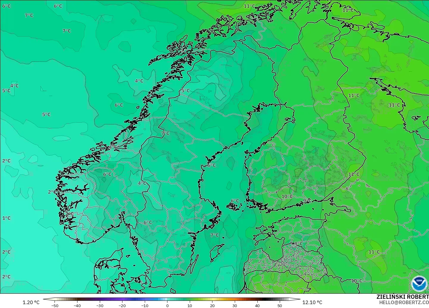 GFS modelo - Escandinavia, Temperatura a 850 hPa