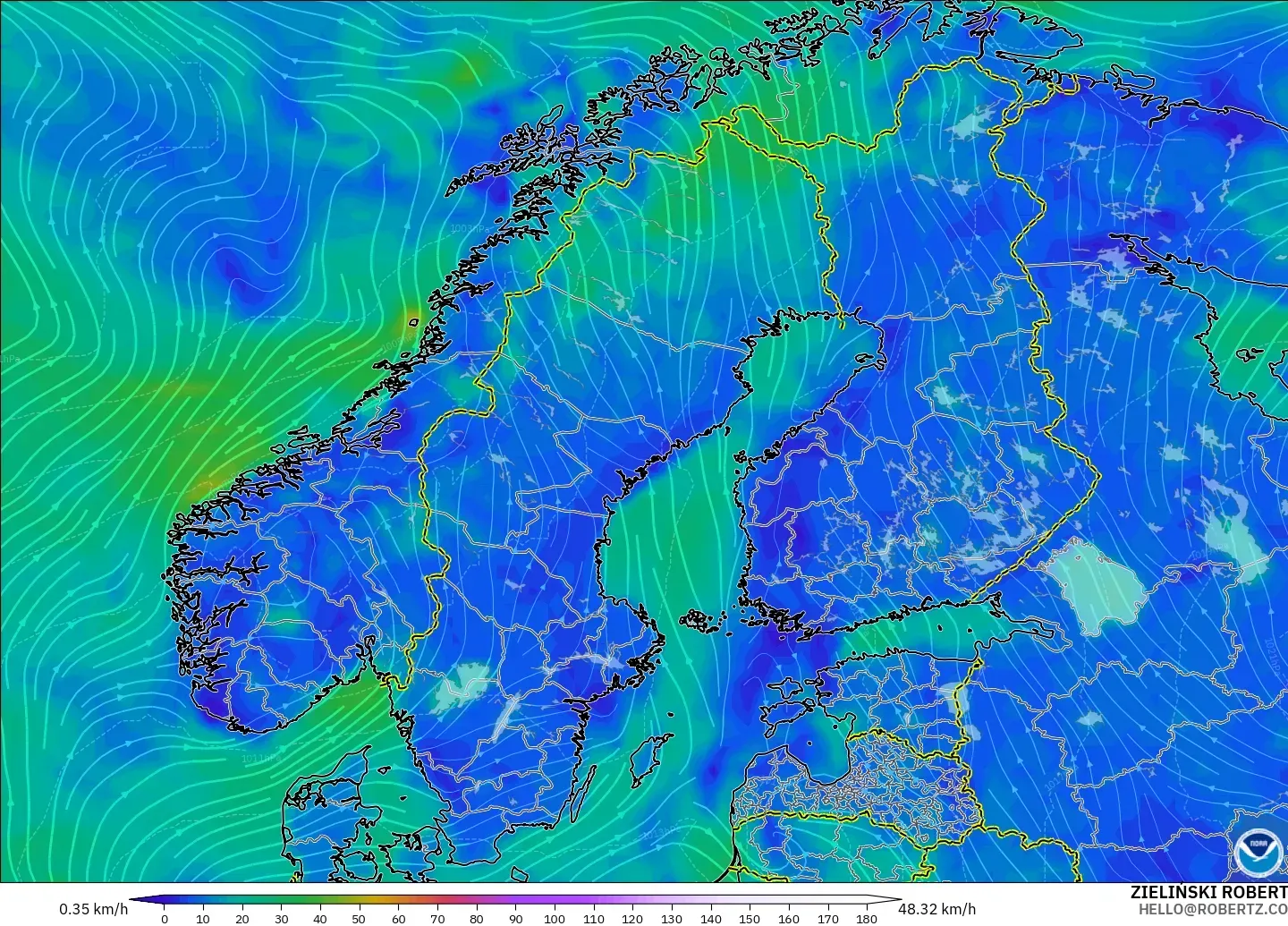 GFS modelo - Escandinavia, Viento a 10 m