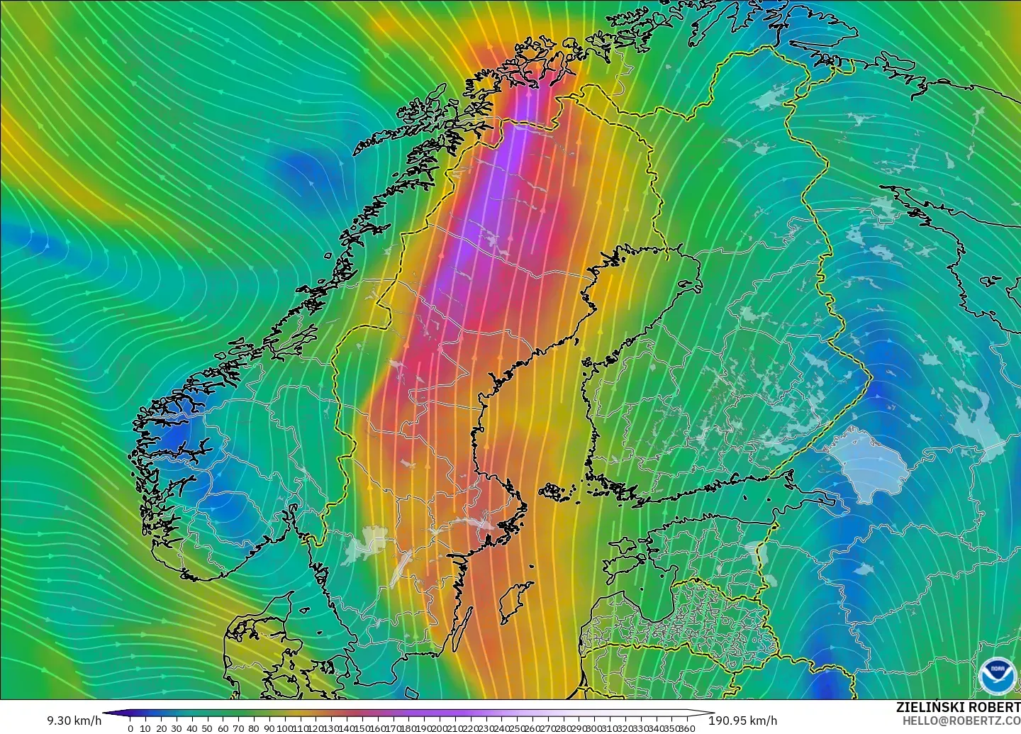 GFS modelo - Escandinavia, Viento a 300 hPa (corriente en chorro)