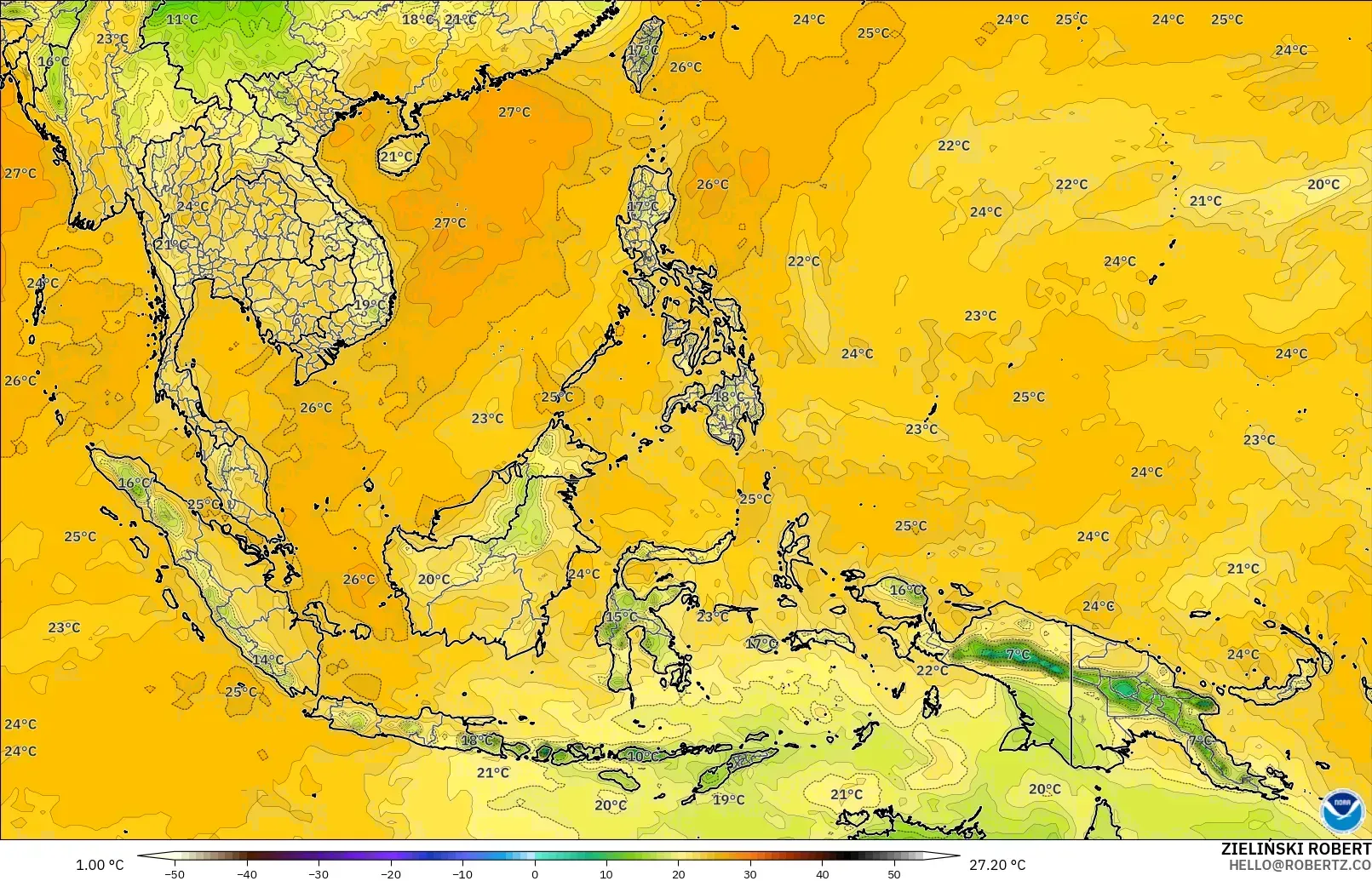 GFS modelo - Sudeste Asiático, Punto de rocío a 2 m