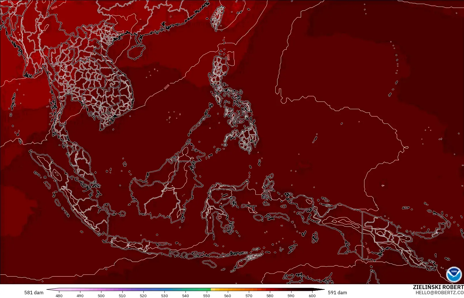 GFS modelo - Sudeste Asiático, Altura geopotencial a 500 hPa