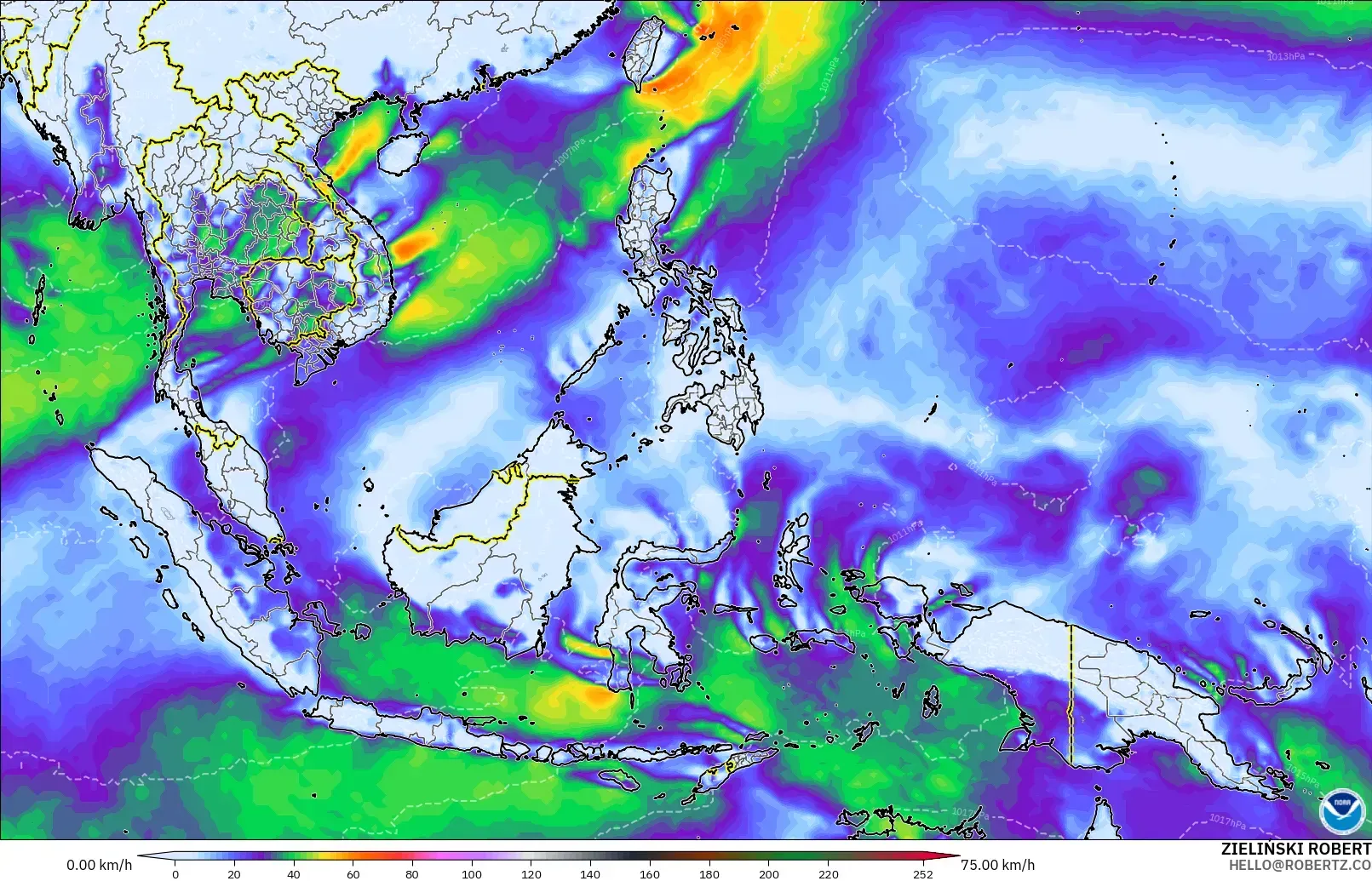 GFS modelo - Sudeste Asiático, Ráfagas de viento