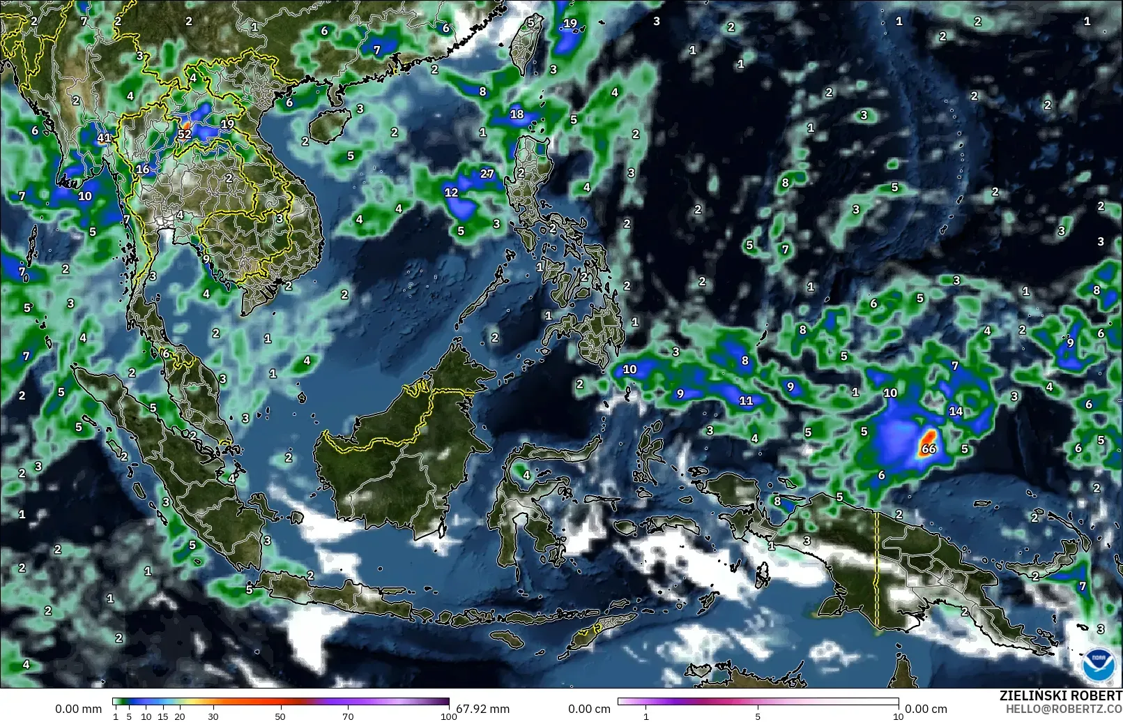 GFS modelo - Sudeste Asiático, Precipitación, nubes y presión