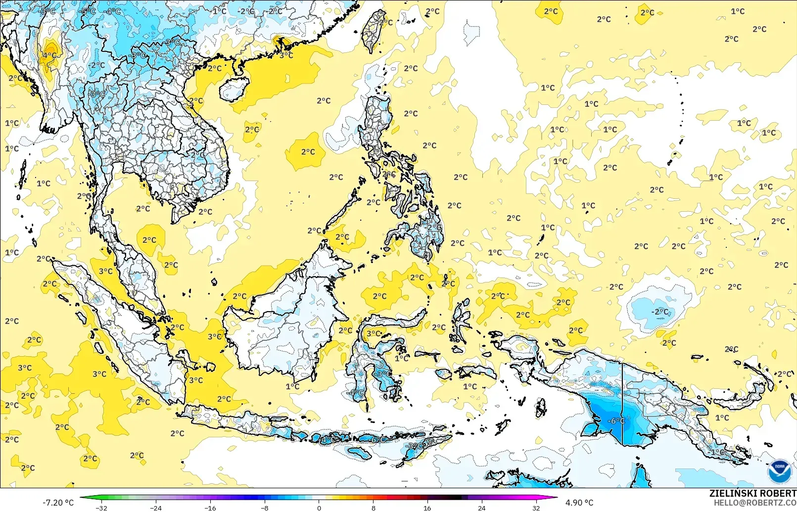 GFS modelo - Sudeste Asiático, Anomalía de temperatura a 2 m