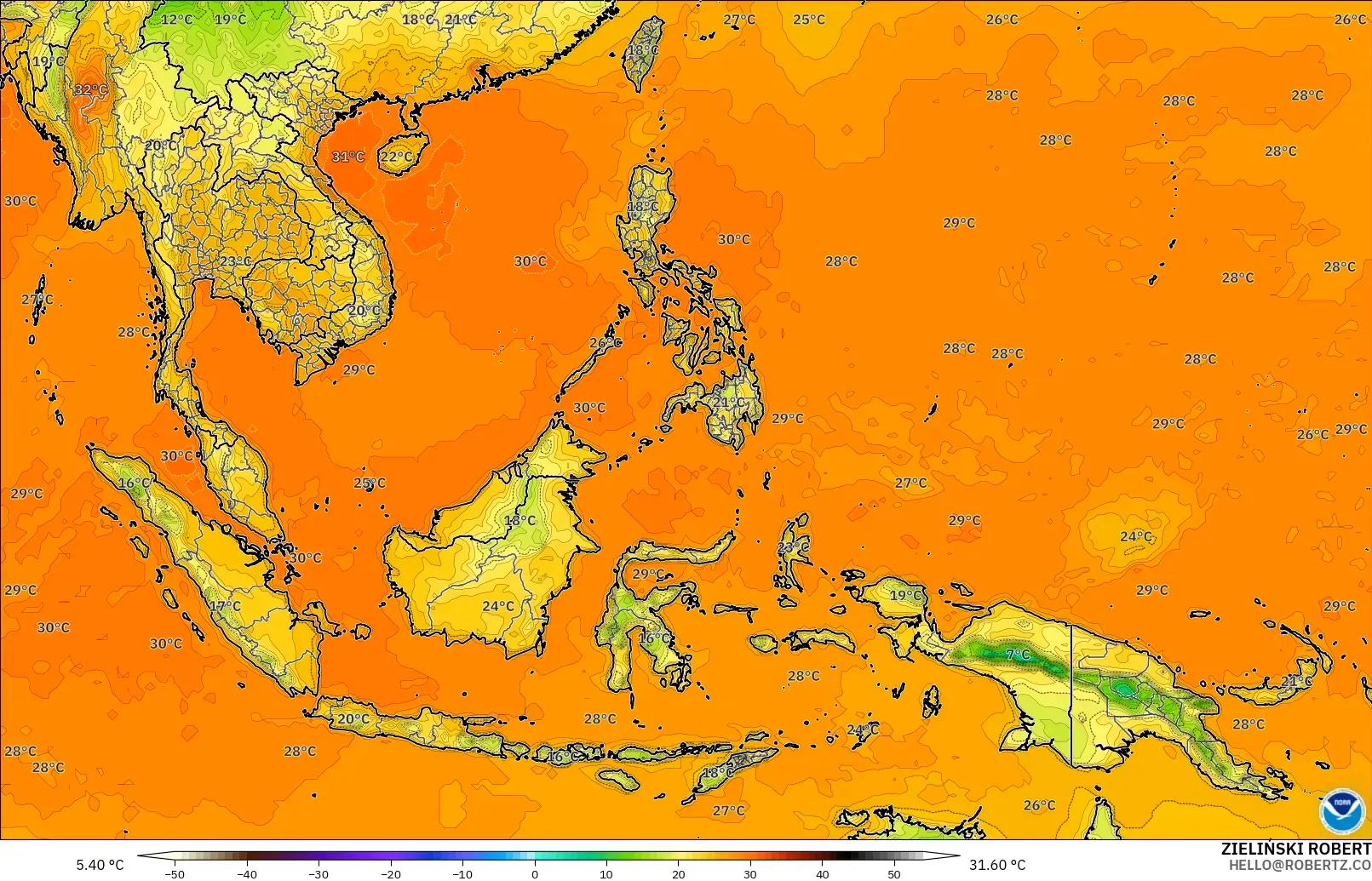 GFS modelo - Sudeste Asiático, Temperatura a 2 m