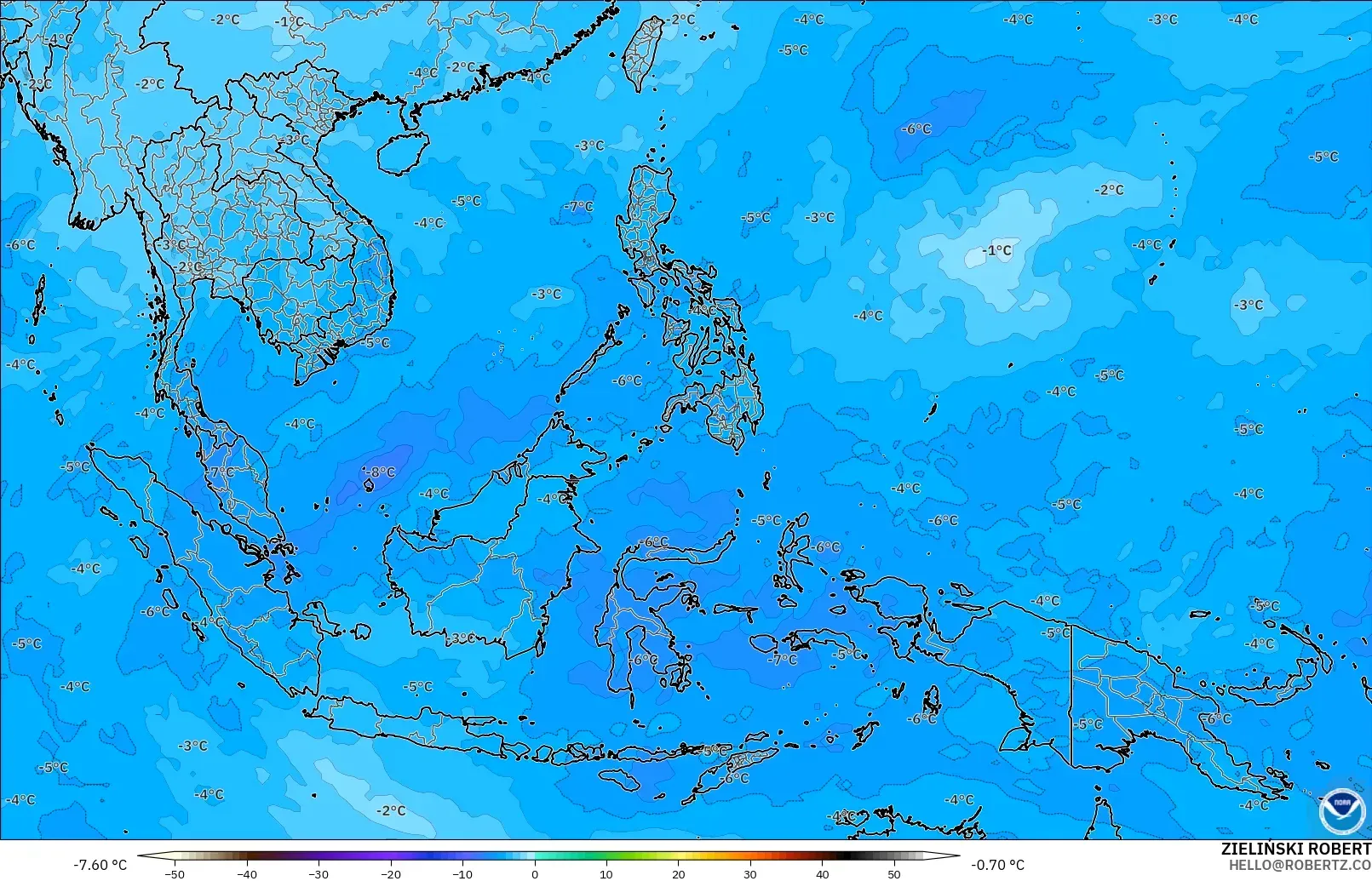 GFS modelo - Sudeste Asiático, Temperatura a 500 hPa