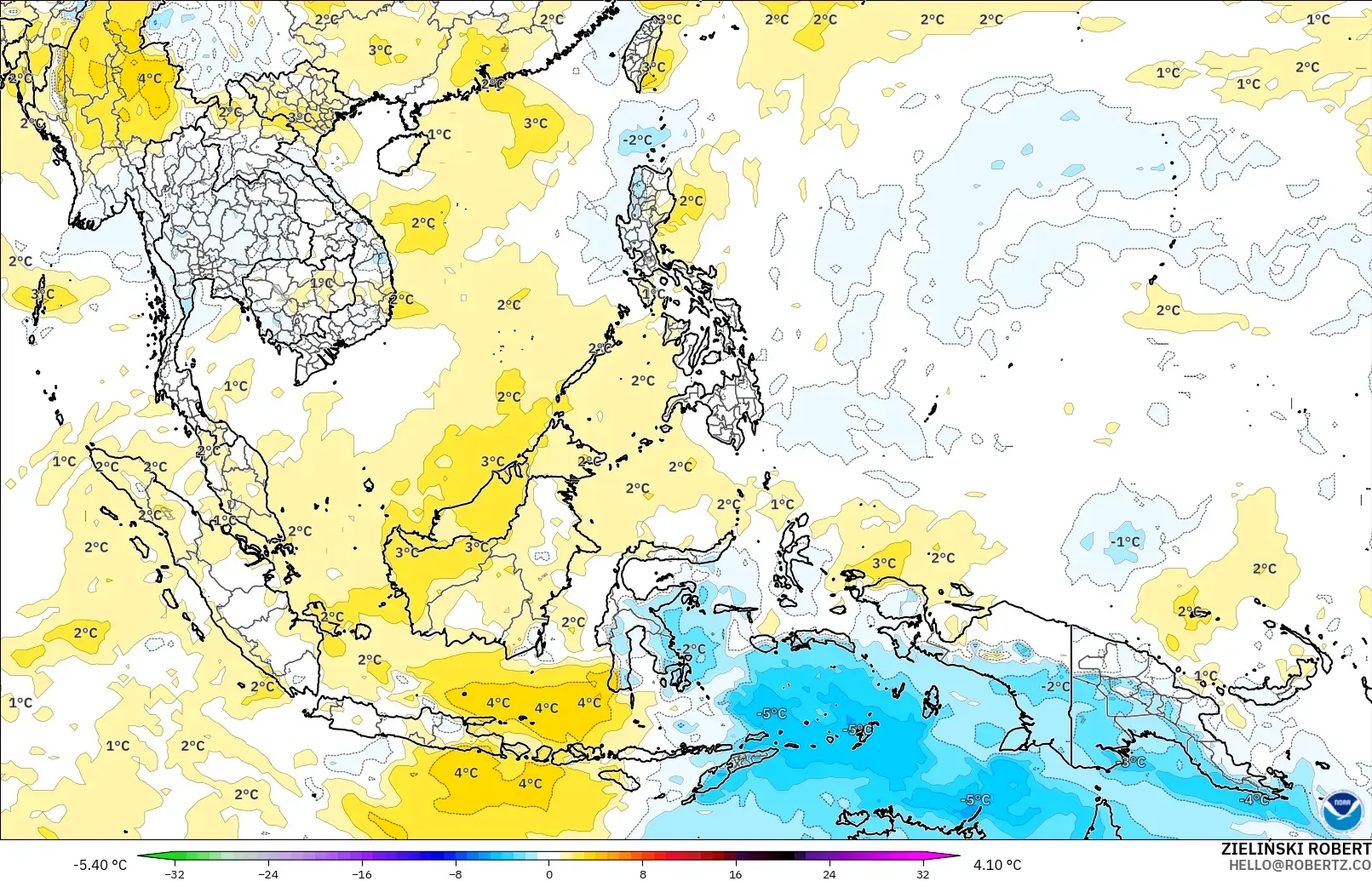 GFS modelo - Sudeste Asiático, Anomalía de temperatura a 850 hPa