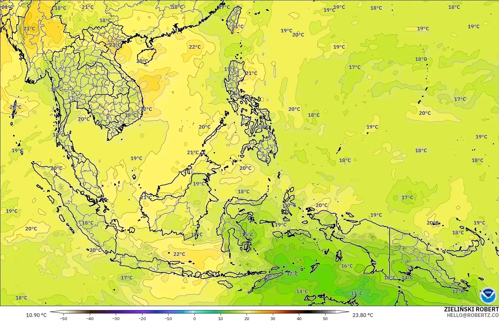GFS modelo - Sudeste Asiático, Temperatura a 850 hPa