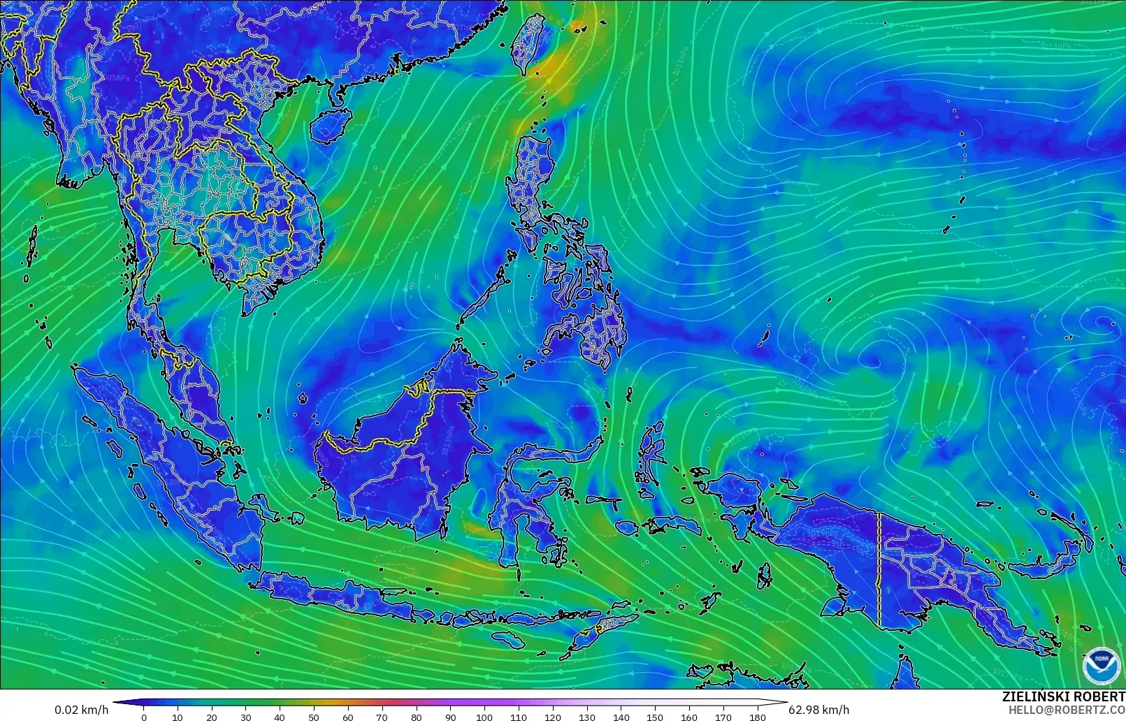GFS modelo - Sudeste Asiático, Viento a 10 m