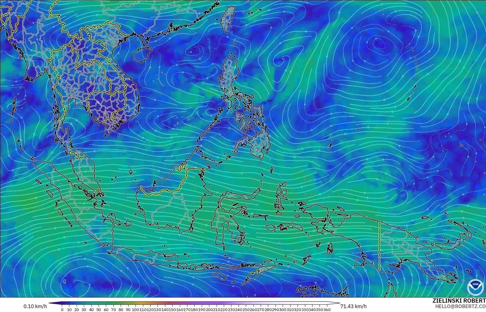 GFS modelo - Sudeste Asiático, Viento a 300 hPa (corriente en chorro)