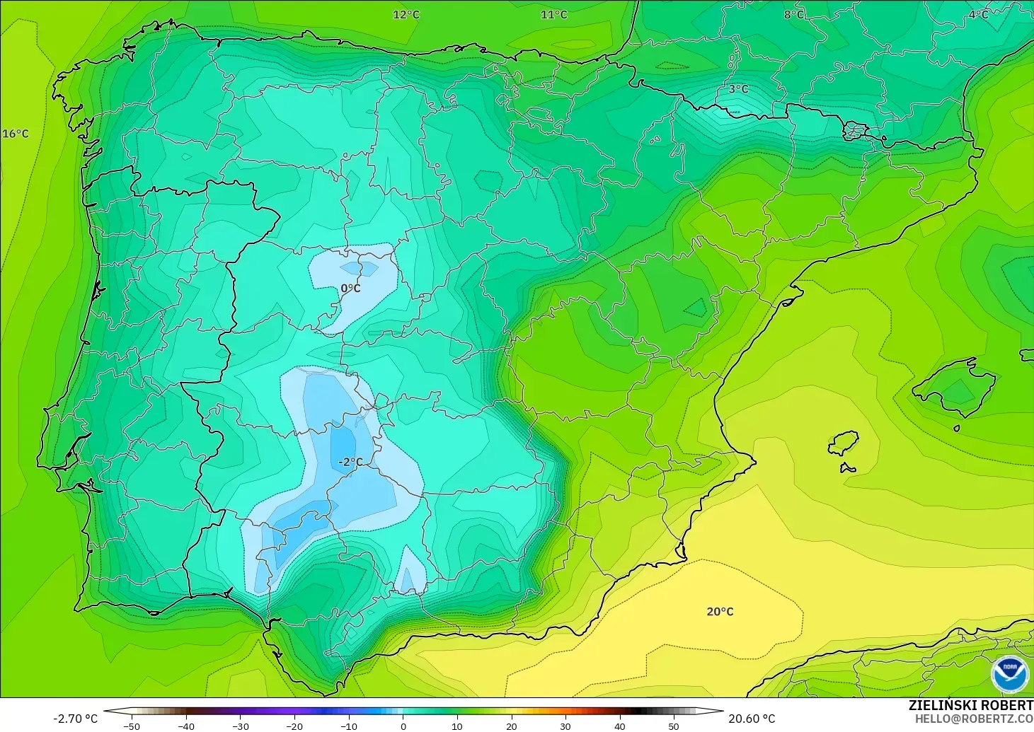 GFS modelo - España, Punto de rocío a 2 m