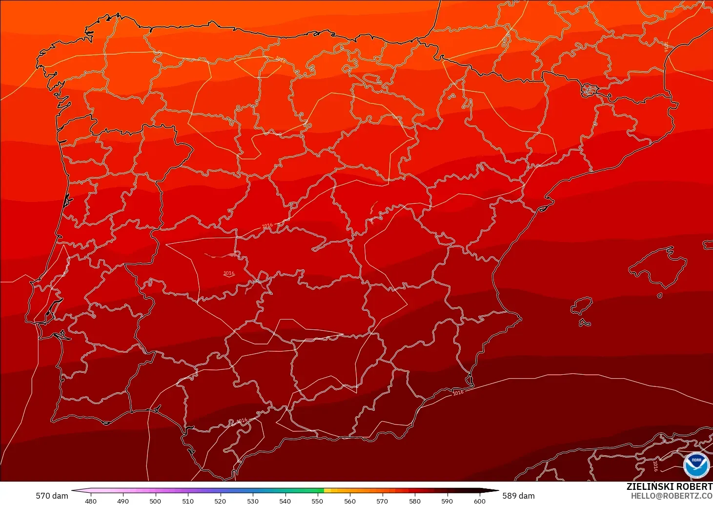 GFS modelo - España, Altura geopotencial a 500 hPa