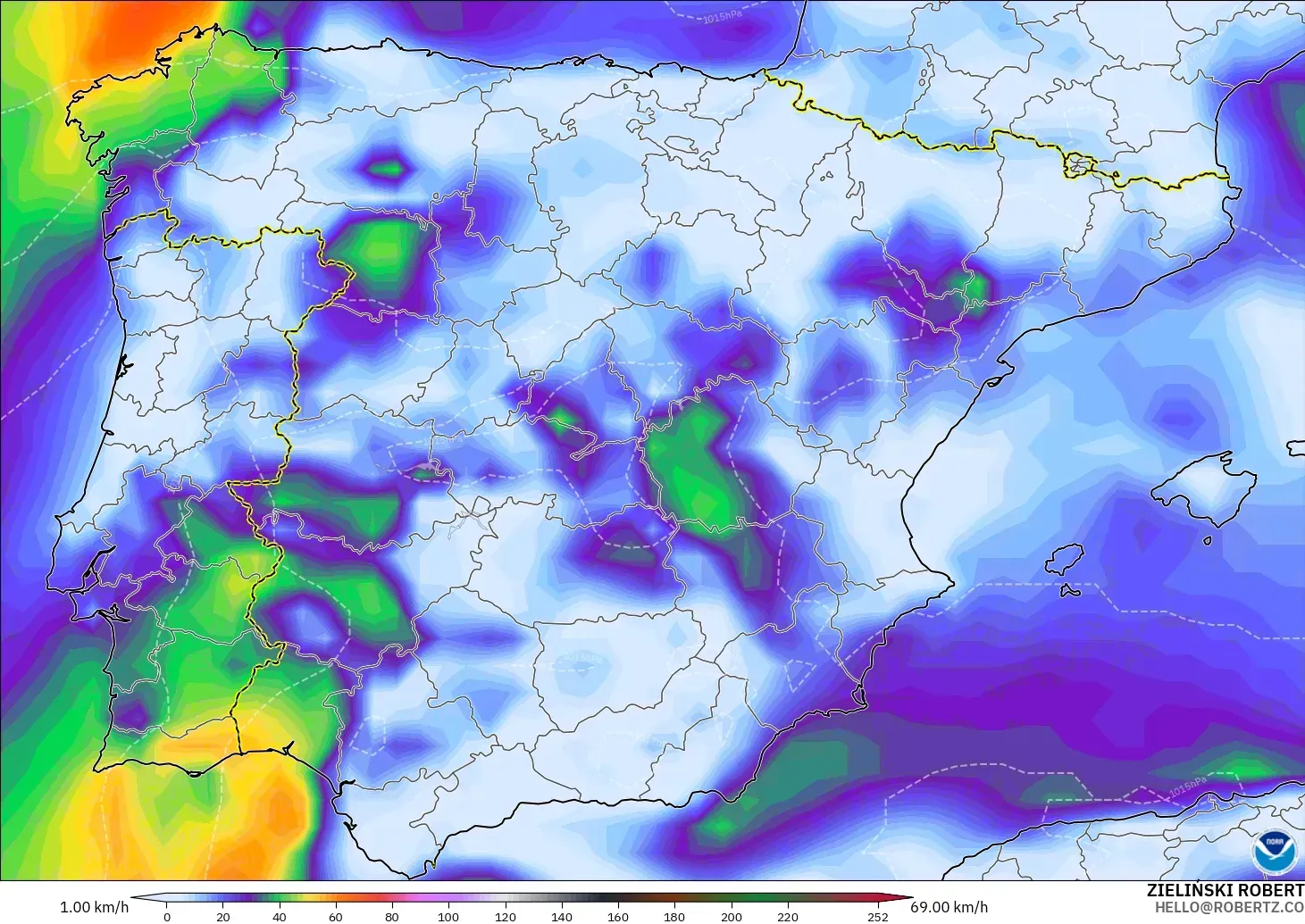 GFS modelo - España, Ráfagas de viento