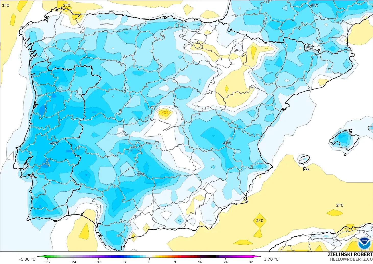 GFS modelo - España, Anomalía de temperatura a 2 m