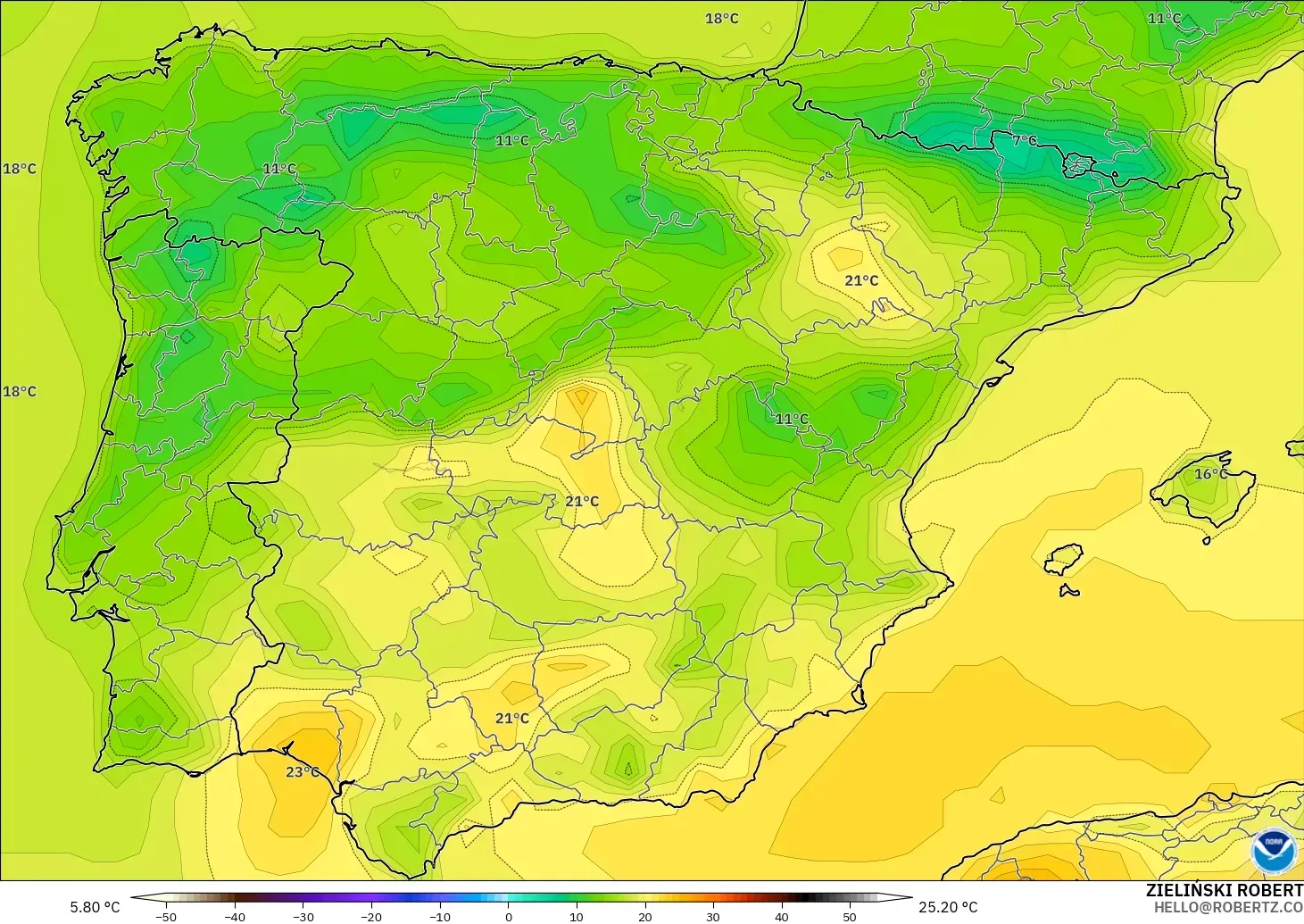 GFS modelo - España, Temperatura a 2 m