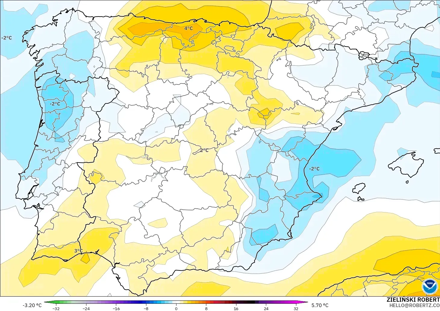 GFS modelo - España, Anomalía de temperatura a 850 hPa
