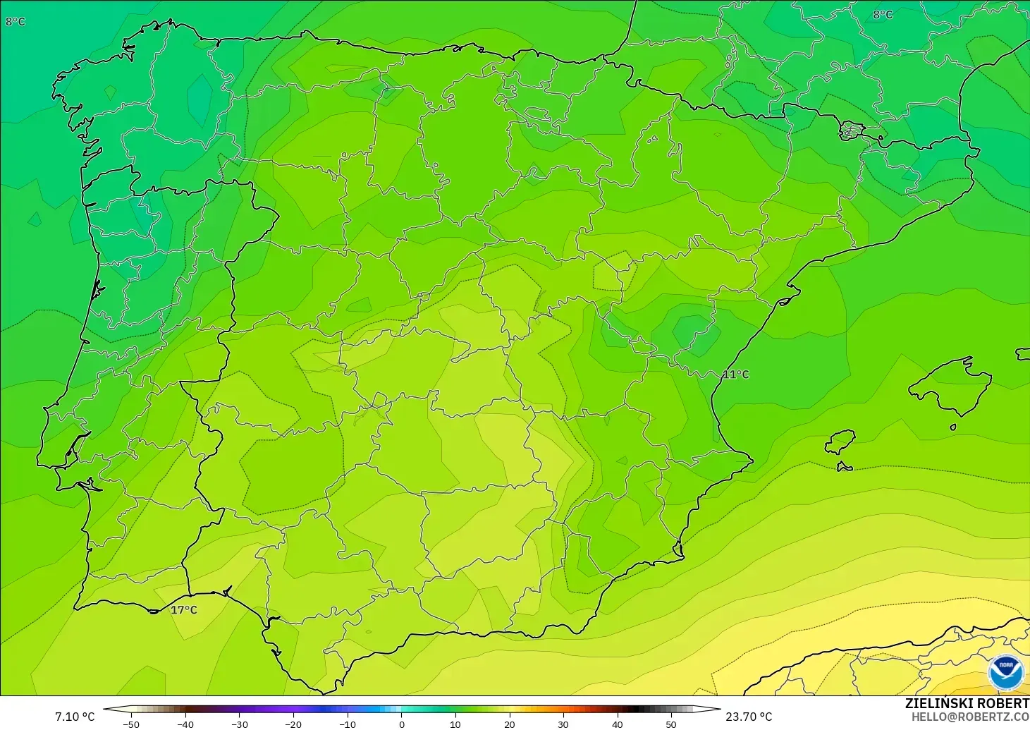 GFS modelo - España, Temperatura a 850 hPa