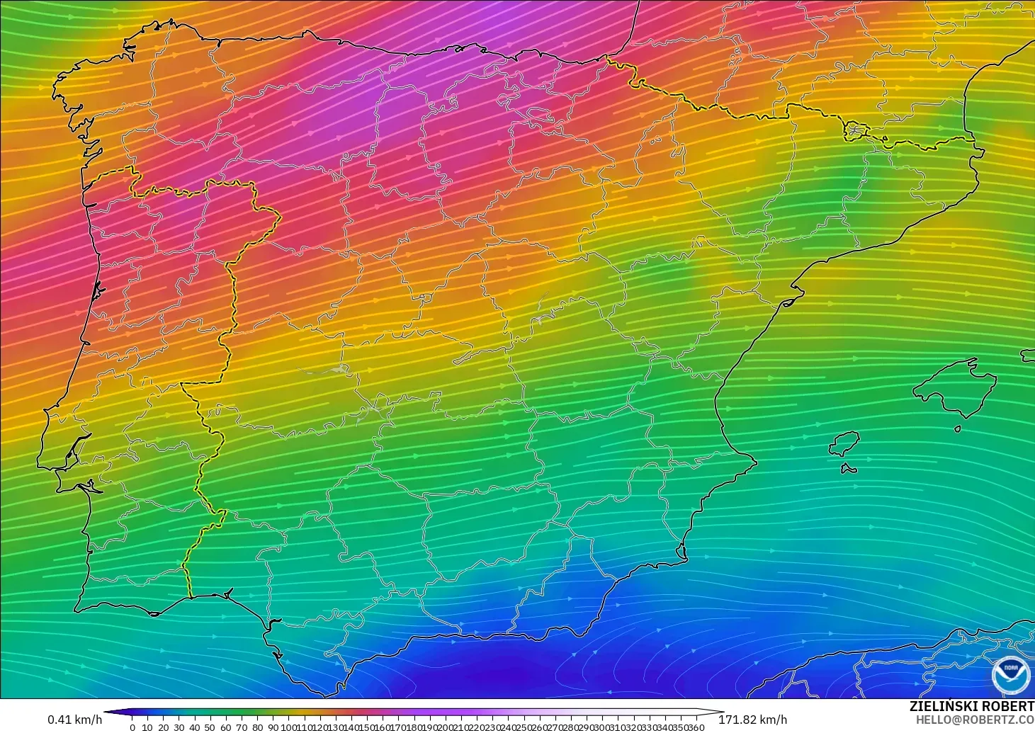 GFS modelo - España, Viento a 300 hPa (corriente en chorro)