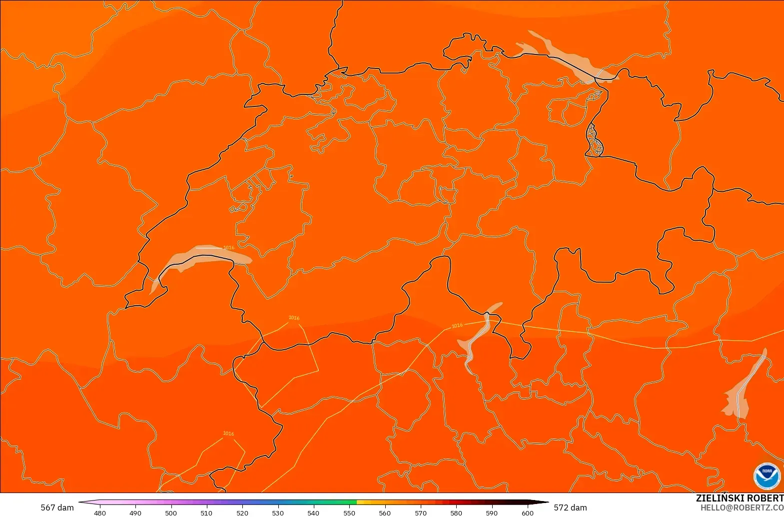 GFS modelo - Suiza, Altura geopotencial a 500 hPa